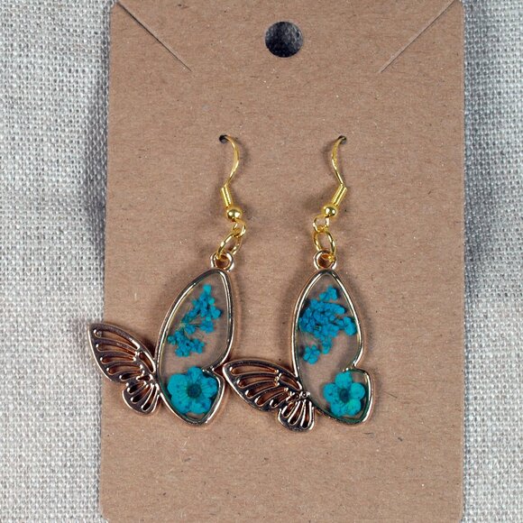 Gold Resin Butterfly with Flowers in the Wing 1 inch Earrings - Picture 3 of 3